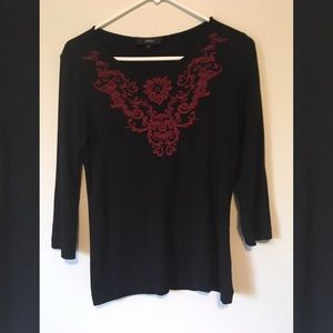 Embroidered red flower black top